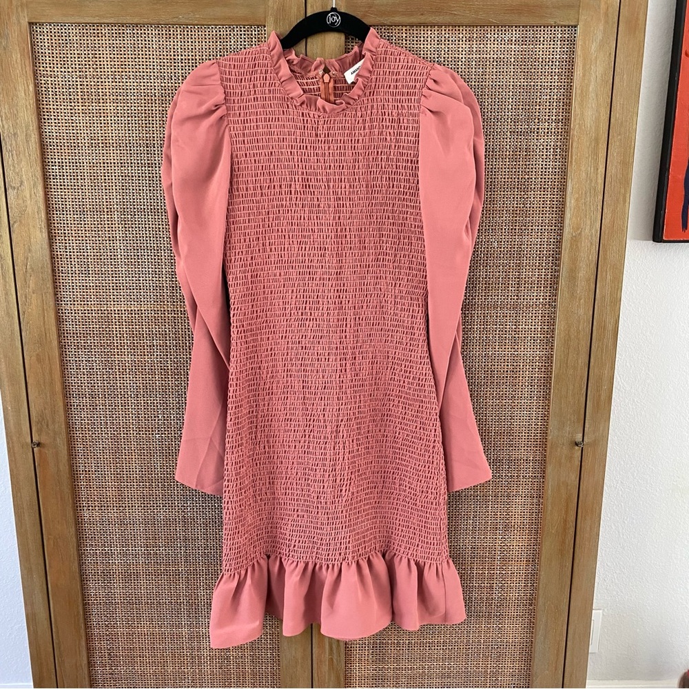 Amanda Uprichard Rhiannon Smocked Puff Sleeve Ruffle Hem Short Dress - Picture 2 of 5